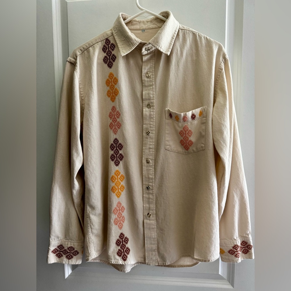 Cream and Orange Embroidered Button Down Shirt